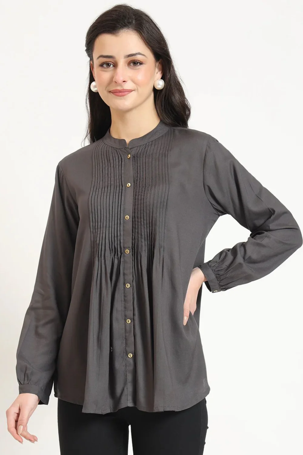 Women Grey Solid Pleated Jaipuri Short Kurta