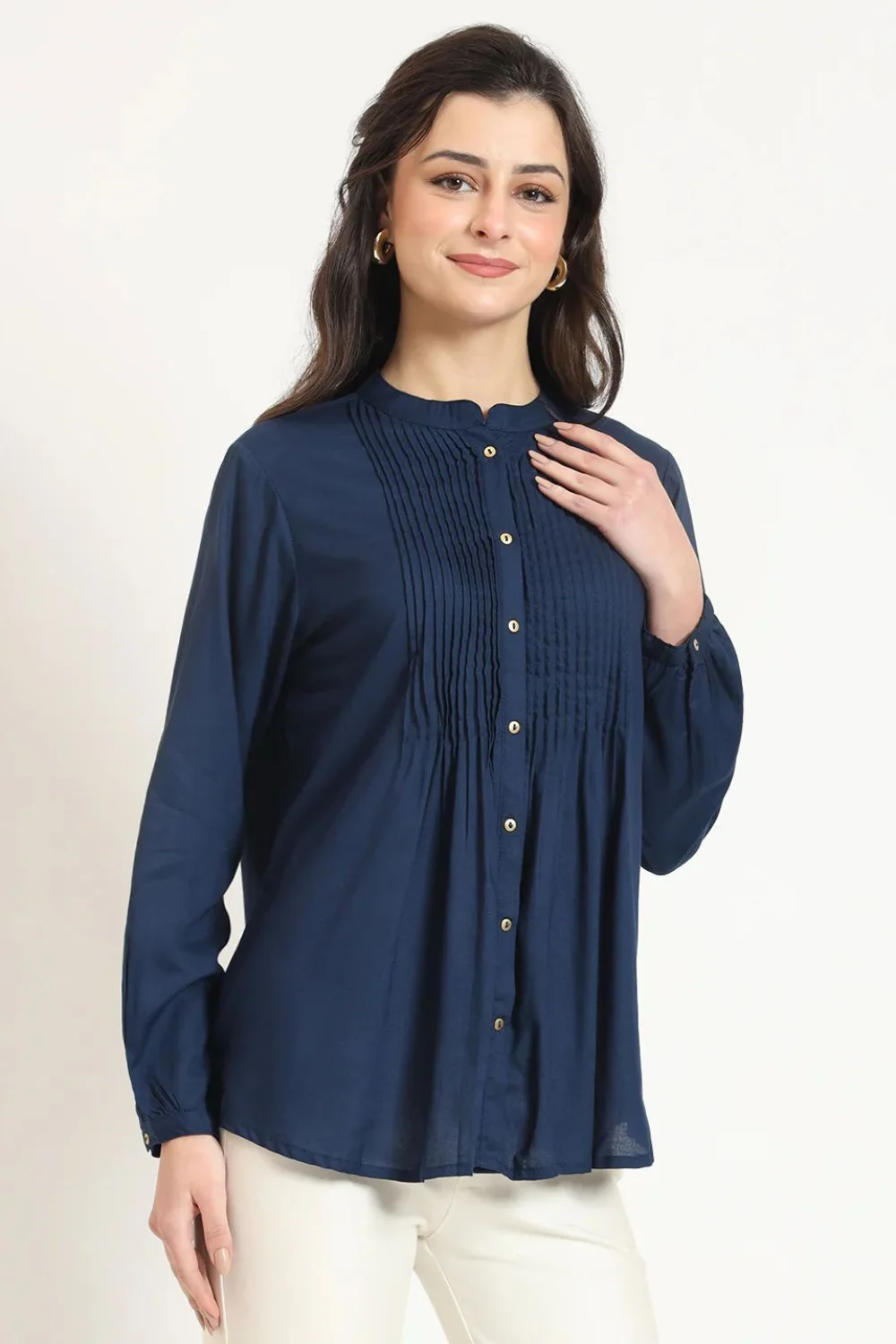 Women Navy Blue Solid Pleated Jaipuri Short Kurta