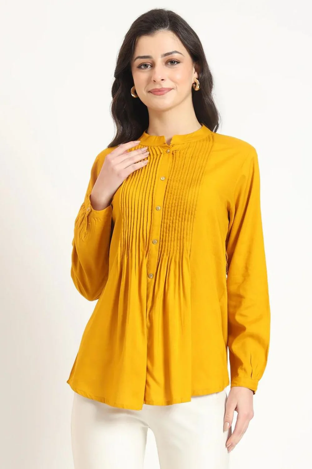 Women Mustard Yellow Solid Pleated Jaipuri Short Kurta