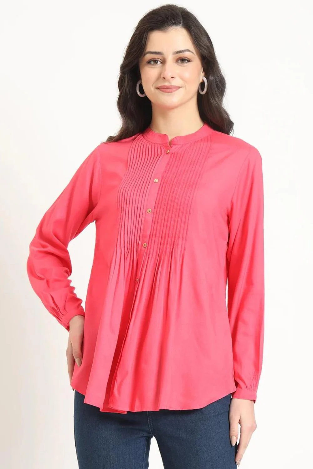 Women Peach Solid Pleated Jaipuri Short Kurta