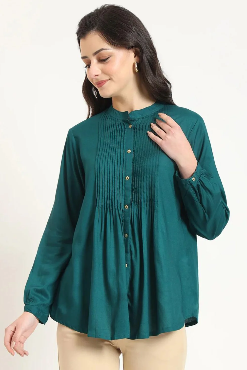 Women Teal Green Solid Pleated Jaipuri Short Kurta