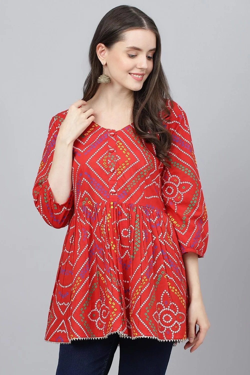 Red Rajasthani Bandhani printed short kurta