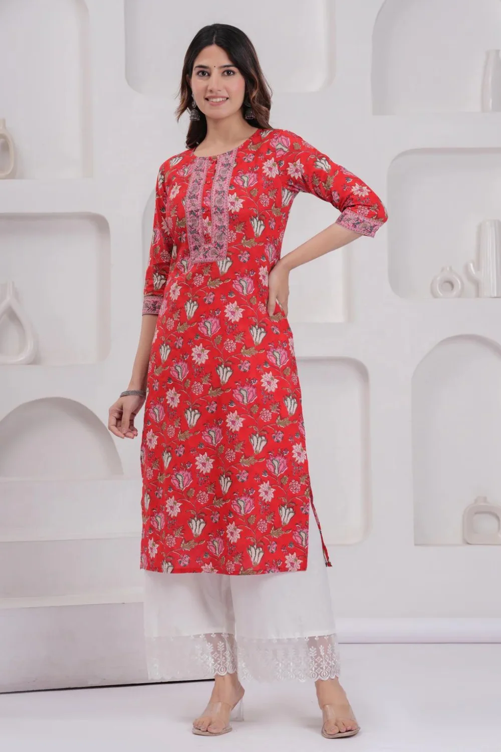 Red Floral Printed Straight Jaipuri kurta