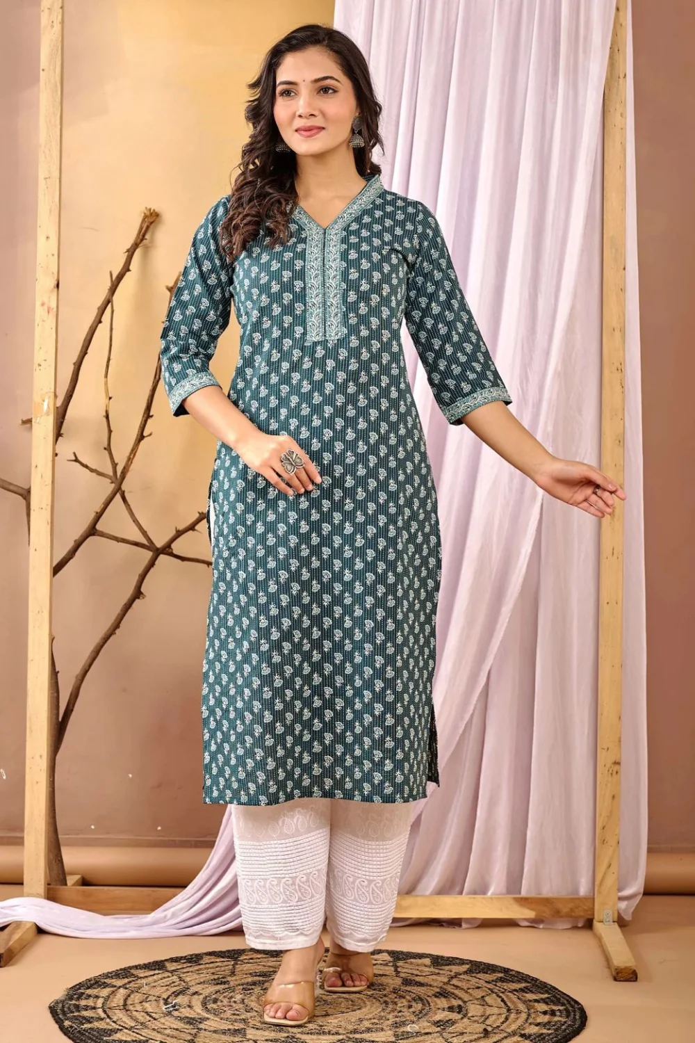 Green Floral Printed Straight Jaipuri kurta