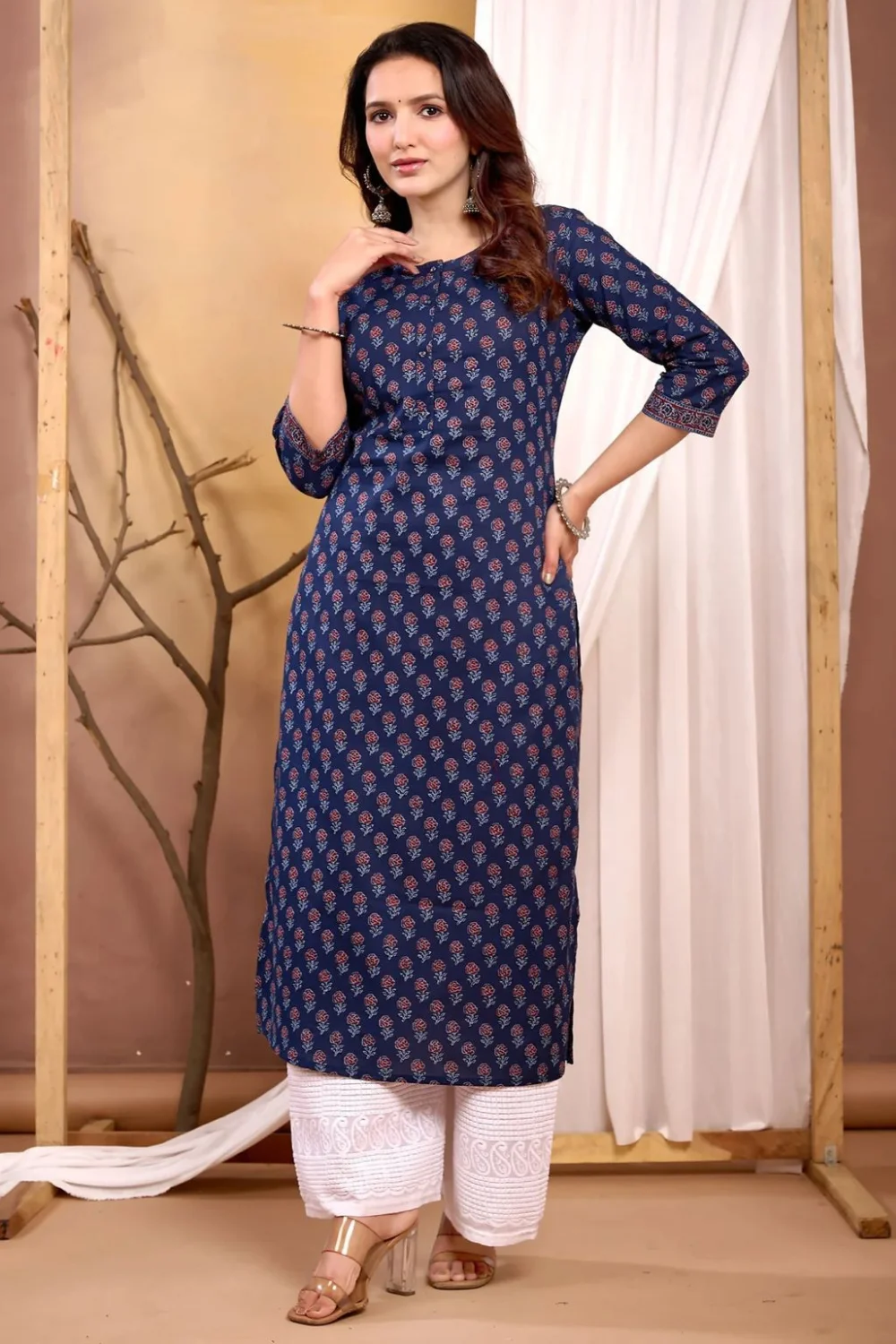 Navy Blue Floral Printed Straight Jaipuri kurta