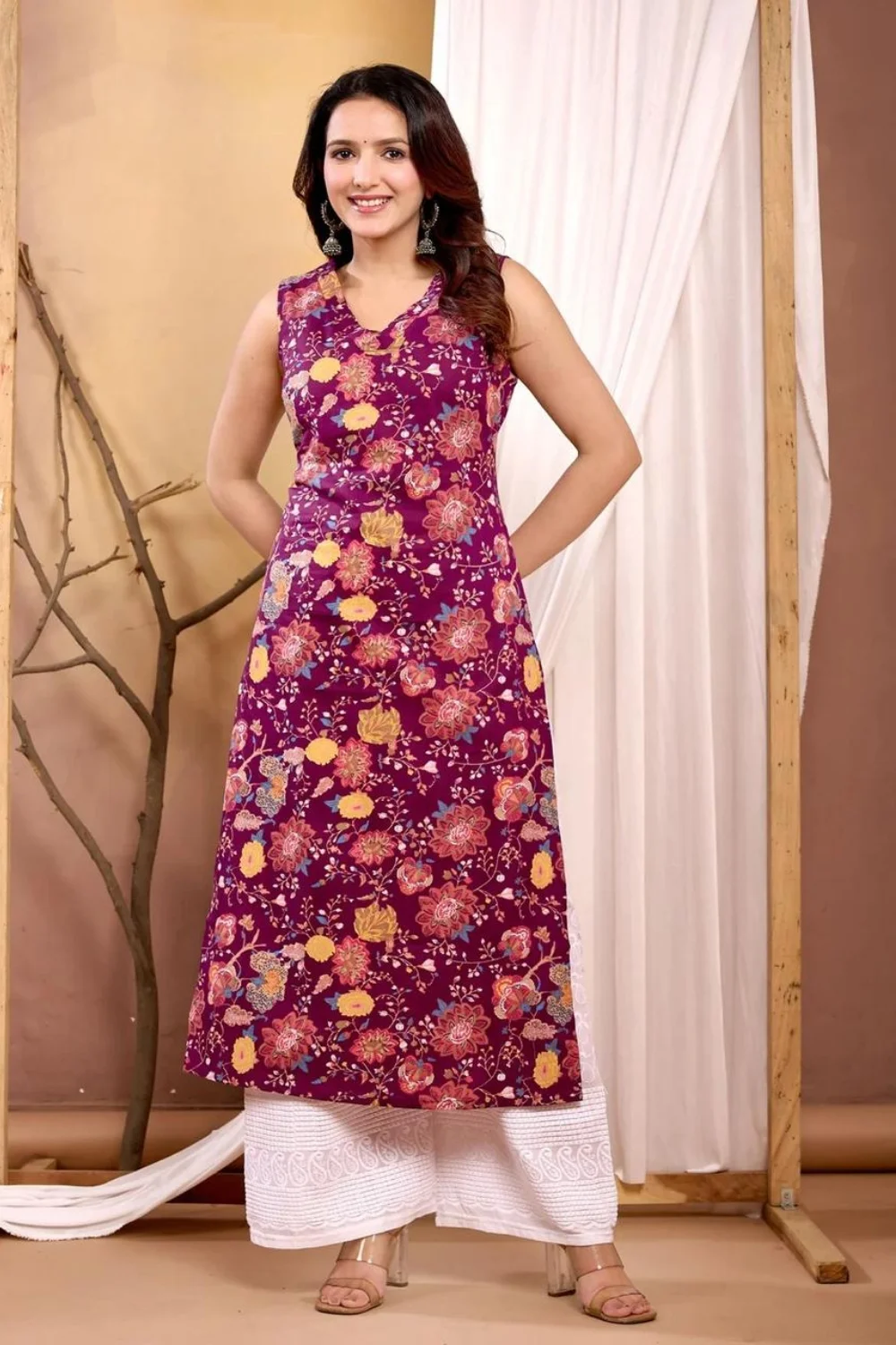 Burgundy Floral Printed Straight Jaipuri Kurta