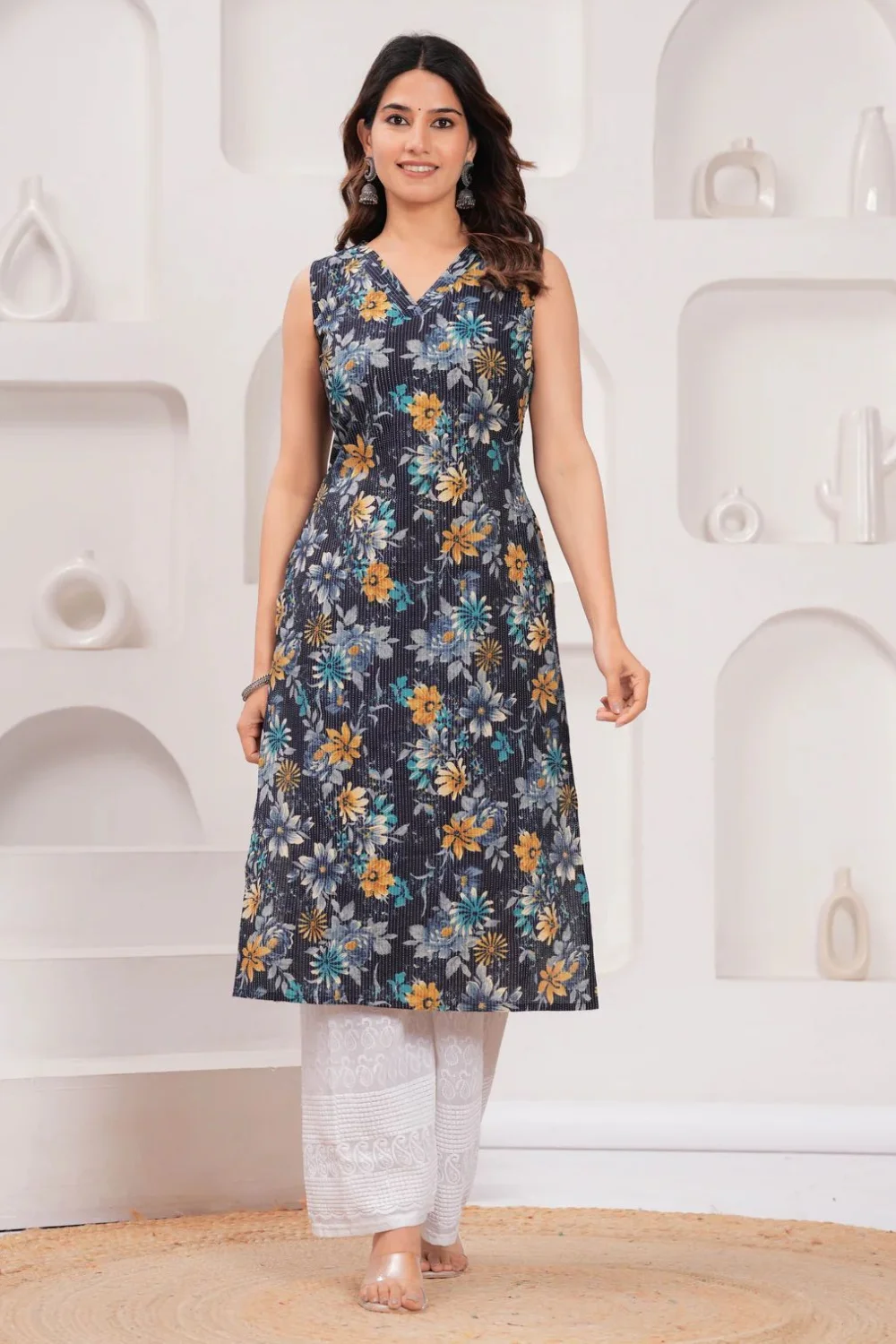 Navy Blue Floral Printed Straight Kurta