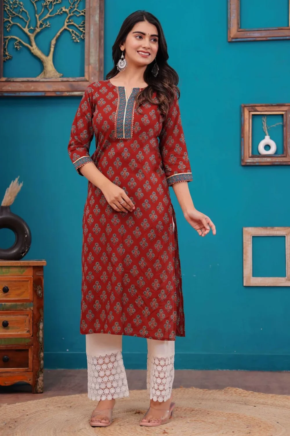 Maroon Printed Straight Jaipuri Kurta