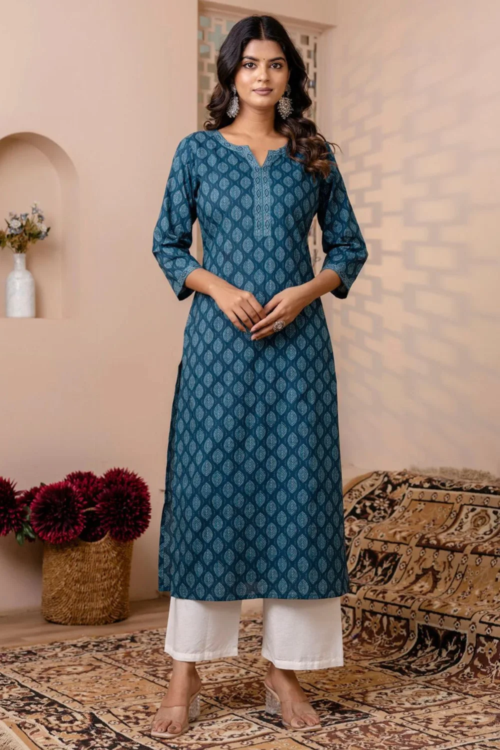 Teal Blue Printed Straight Jaipuri Kurta