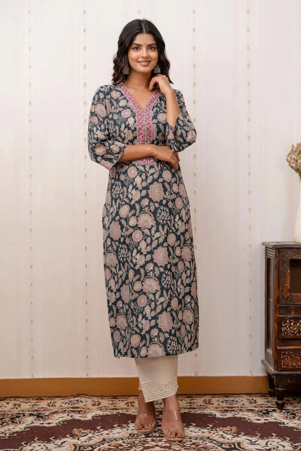 Green Floral Printed Straight Jaipuri Kurta