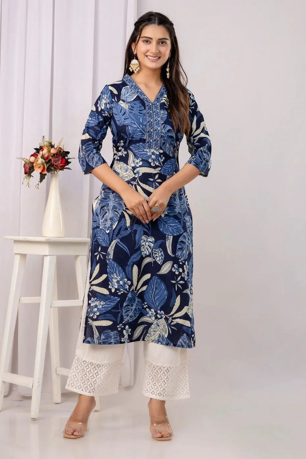 Dark Blue Floral Printed Straight kurta