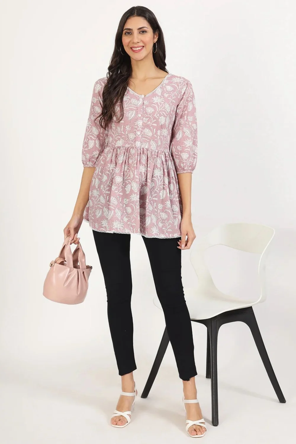 Pink And White Printed Short Kurta