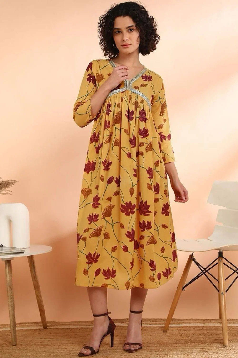 Yellow Floral Printed Jaipuri Dress