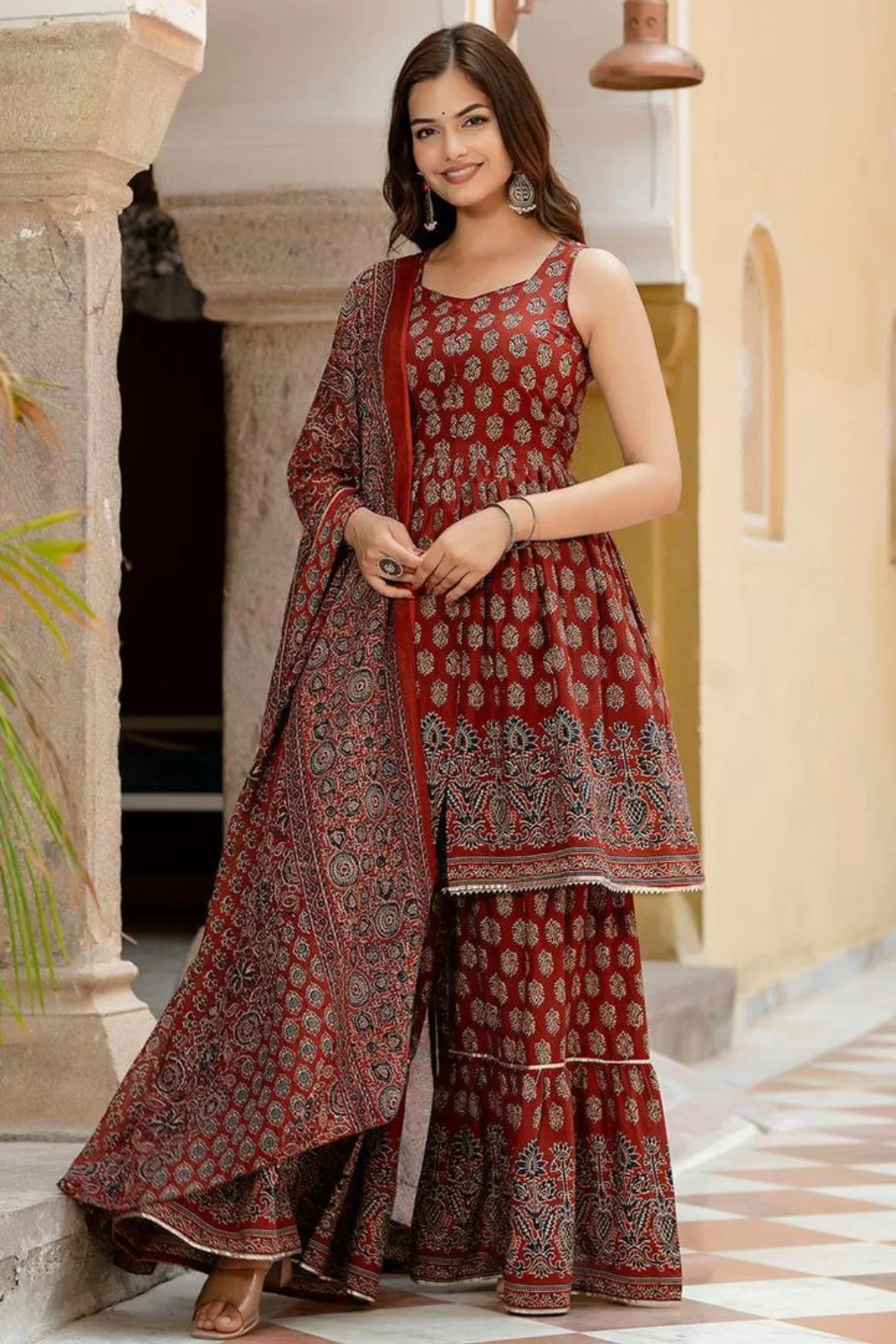 Maroon Floral Printed Kurta Sharara Dupatta Set