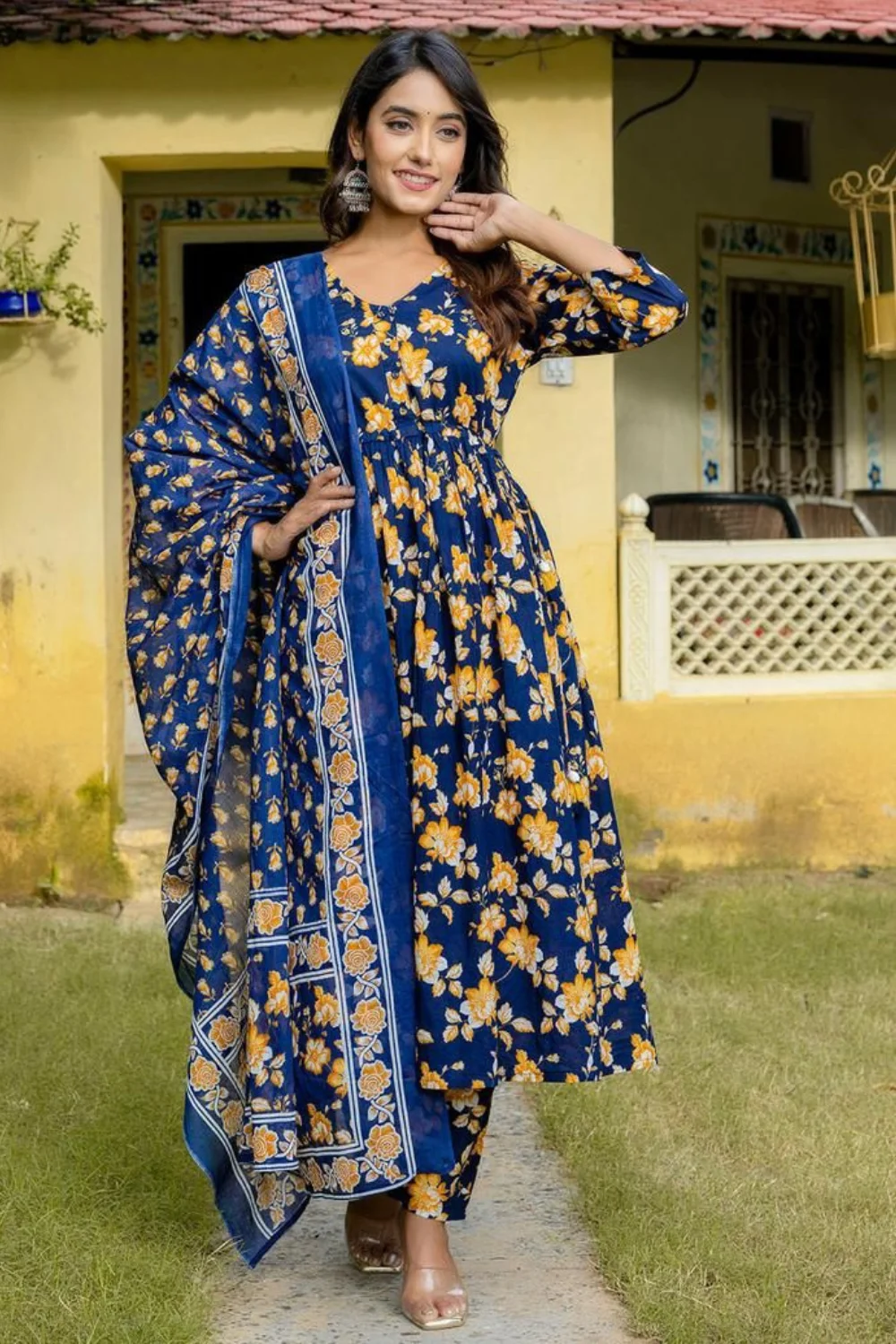 Navy Blue Floral Printed Kurta Trouser Dupatta Set