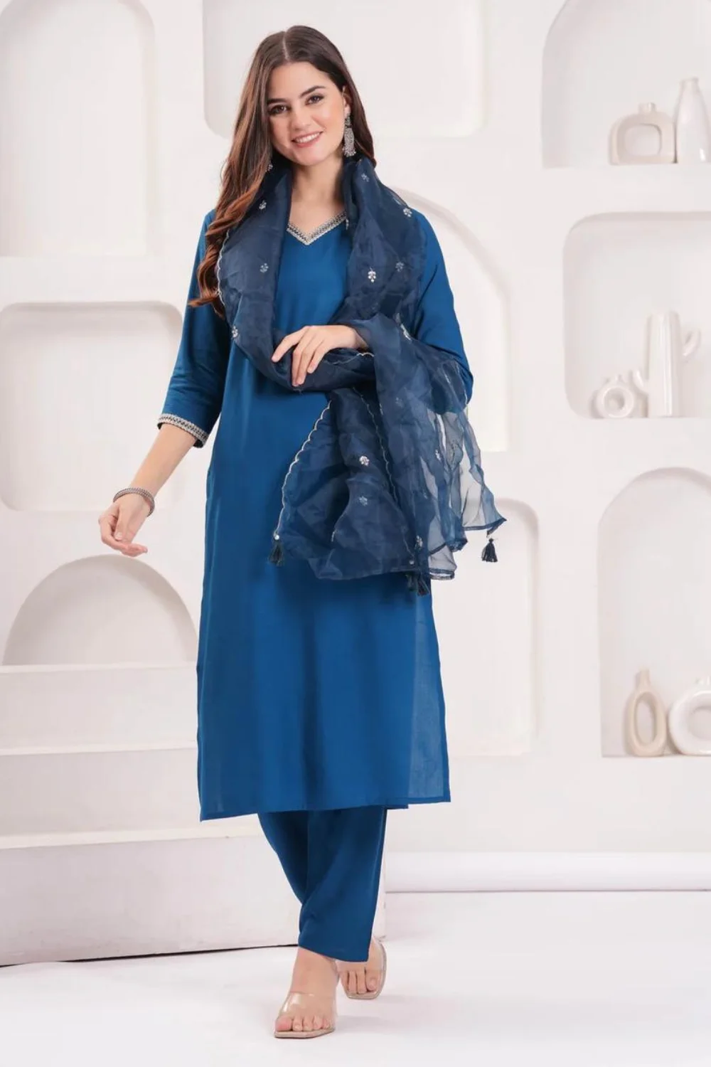 Teal Blue Marodi Worked Kurta Pant Dupatta Set