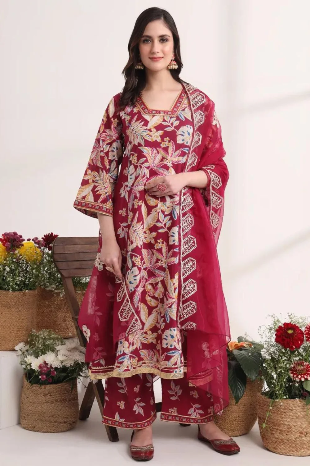 Burgundy Floral Printed Kurta Palazzo Dupatta Set