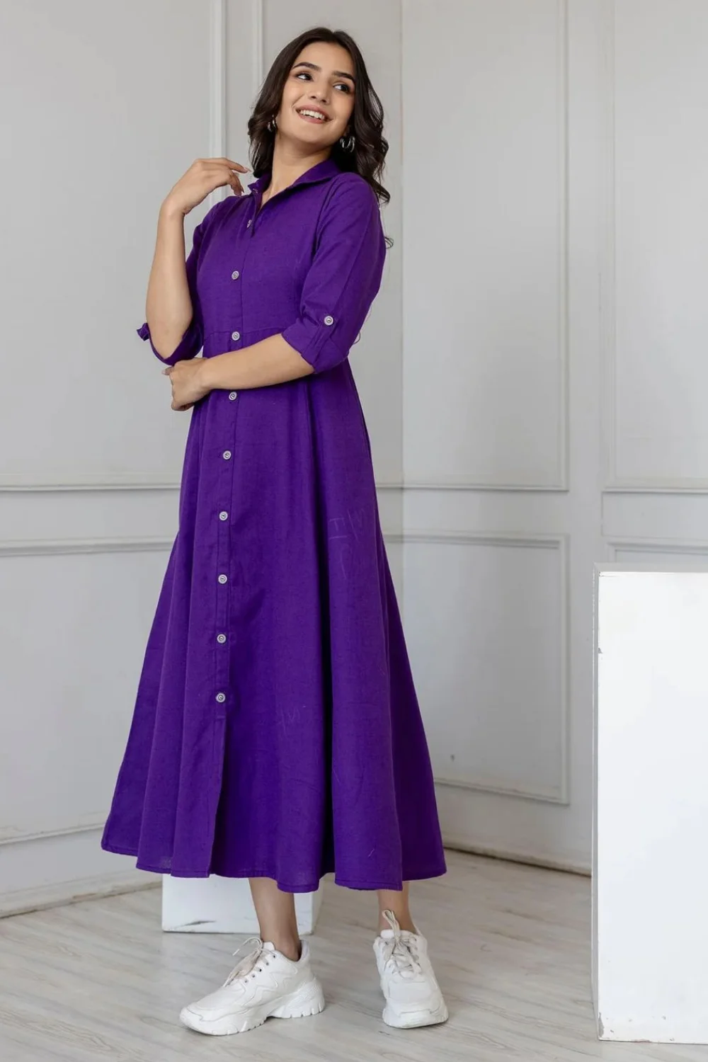 Purple Solid Cotton Jaipuri Dress