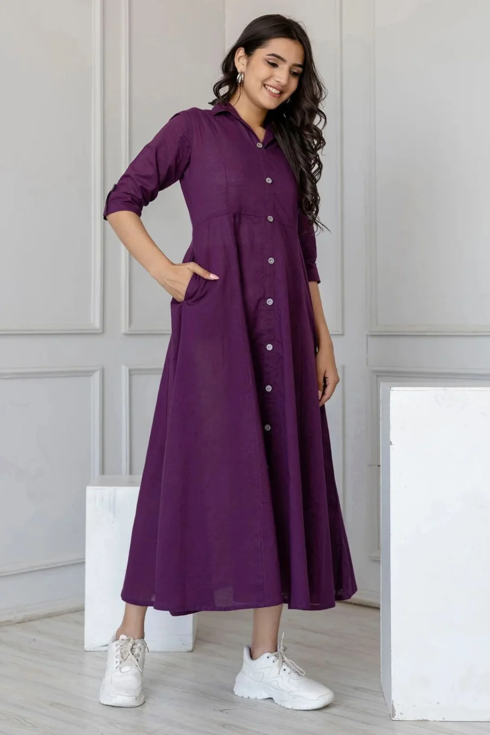 Dark Purple Solid Cotton Jaipuri Dress