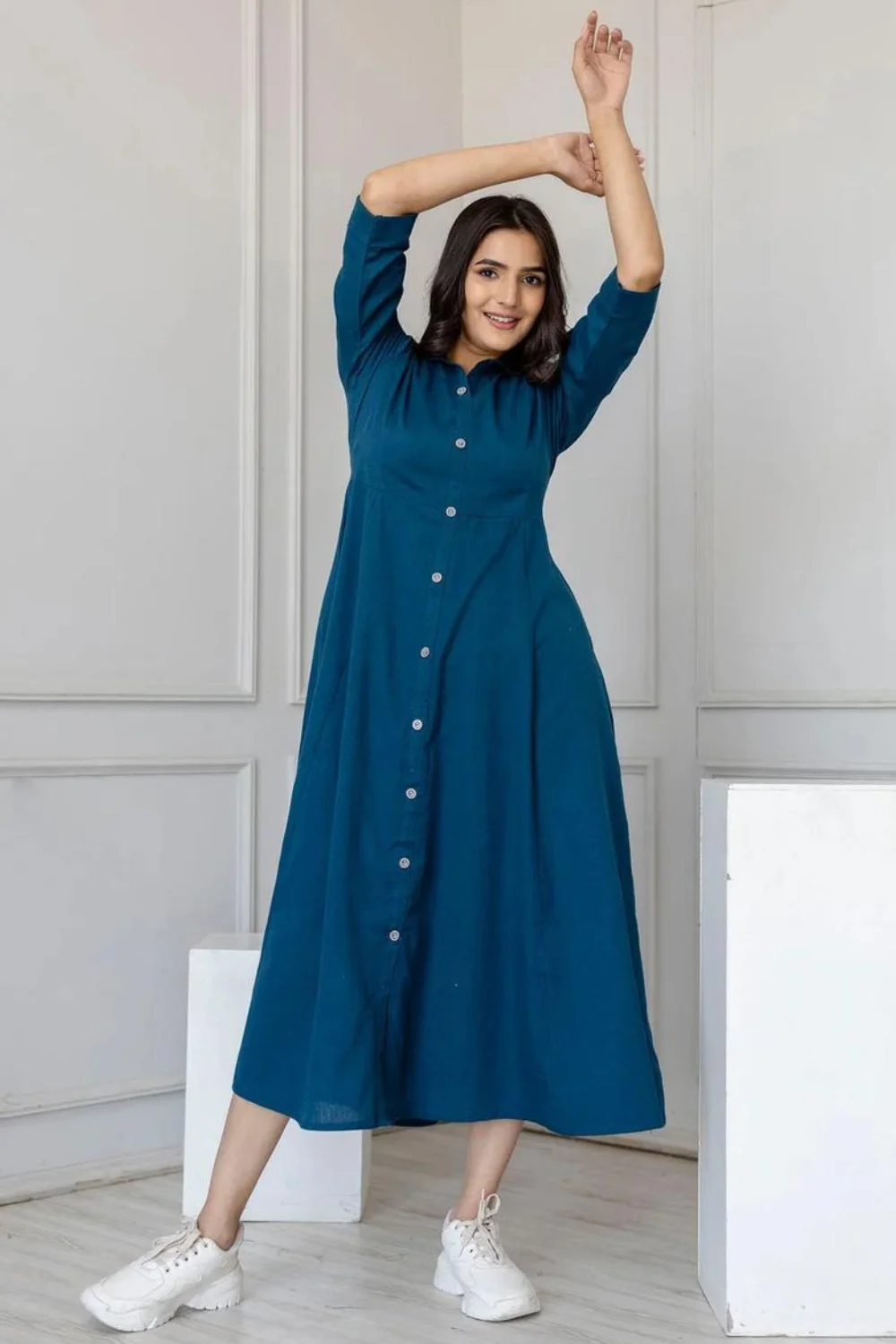 Teal Blue Solid Cotton Jaipuri Dress