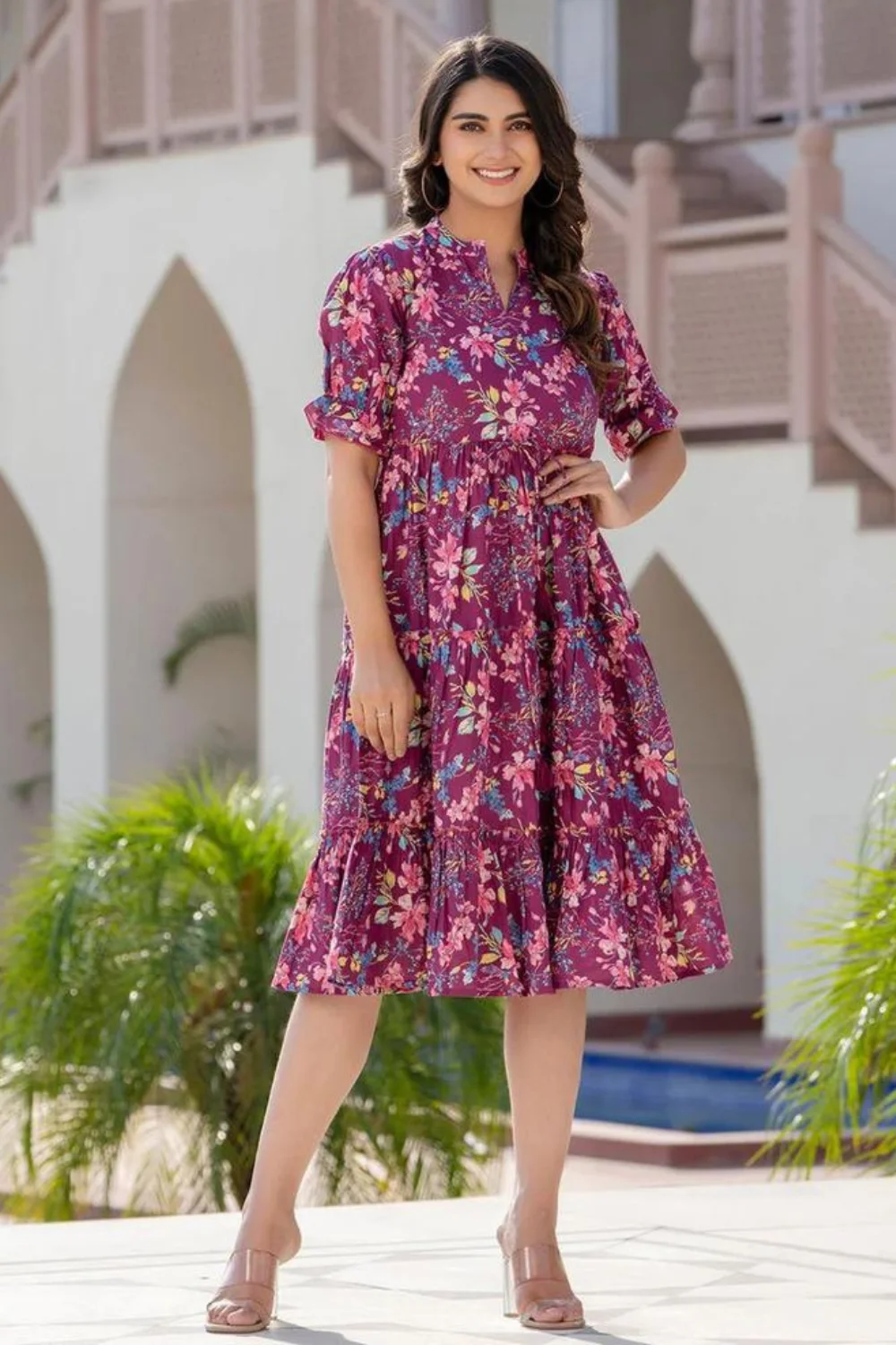 Burgundy Floral Printed Jaipuri Dress