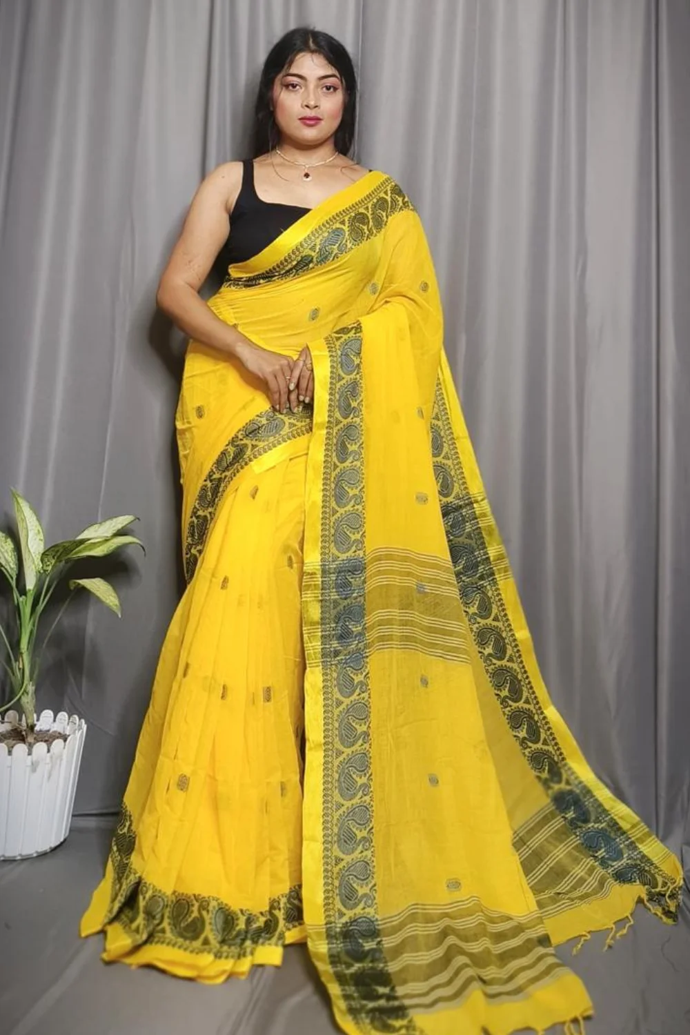 Yellow Pure Cotton Kolka Saree