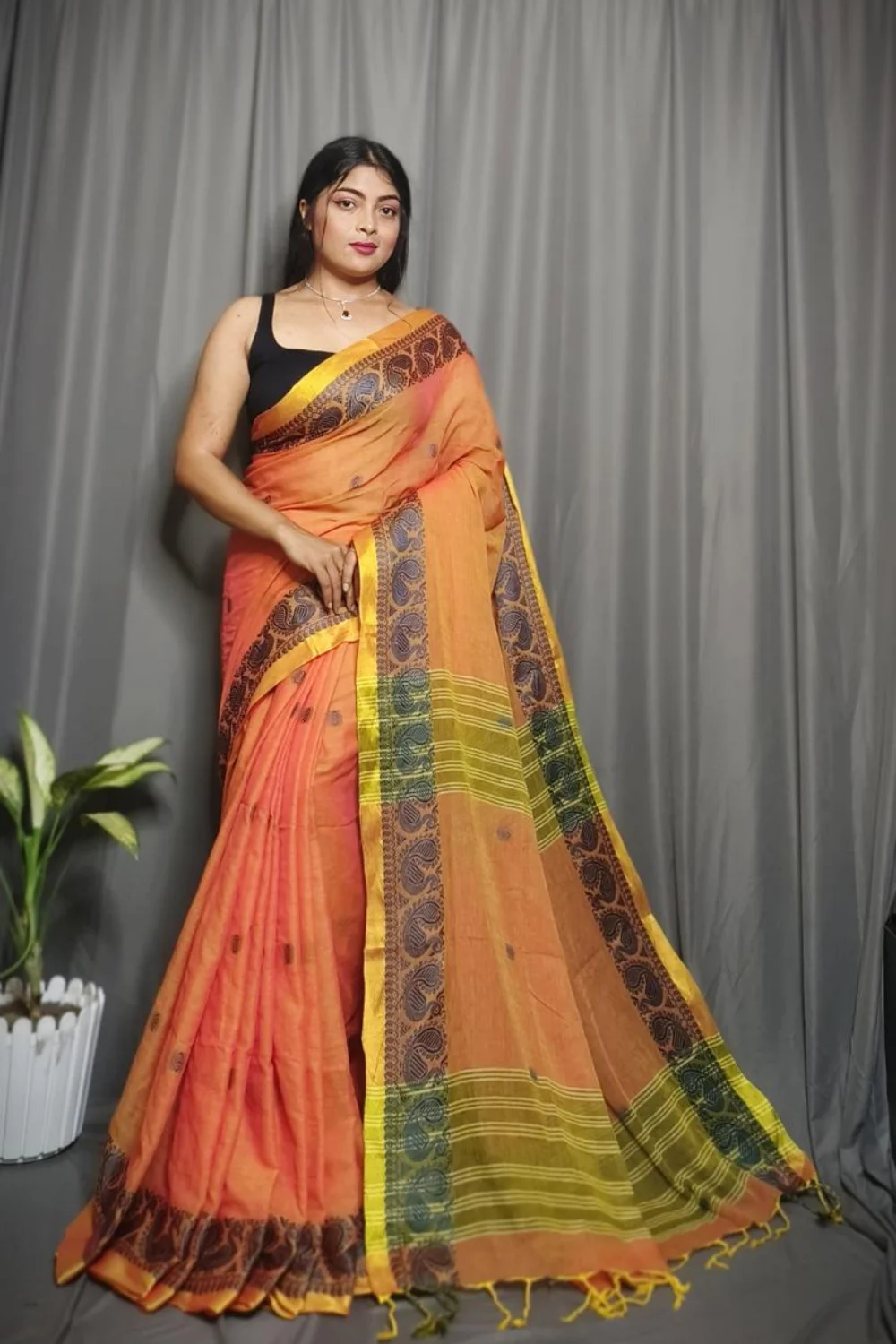 Orange Pure Cotton Kolka Saree