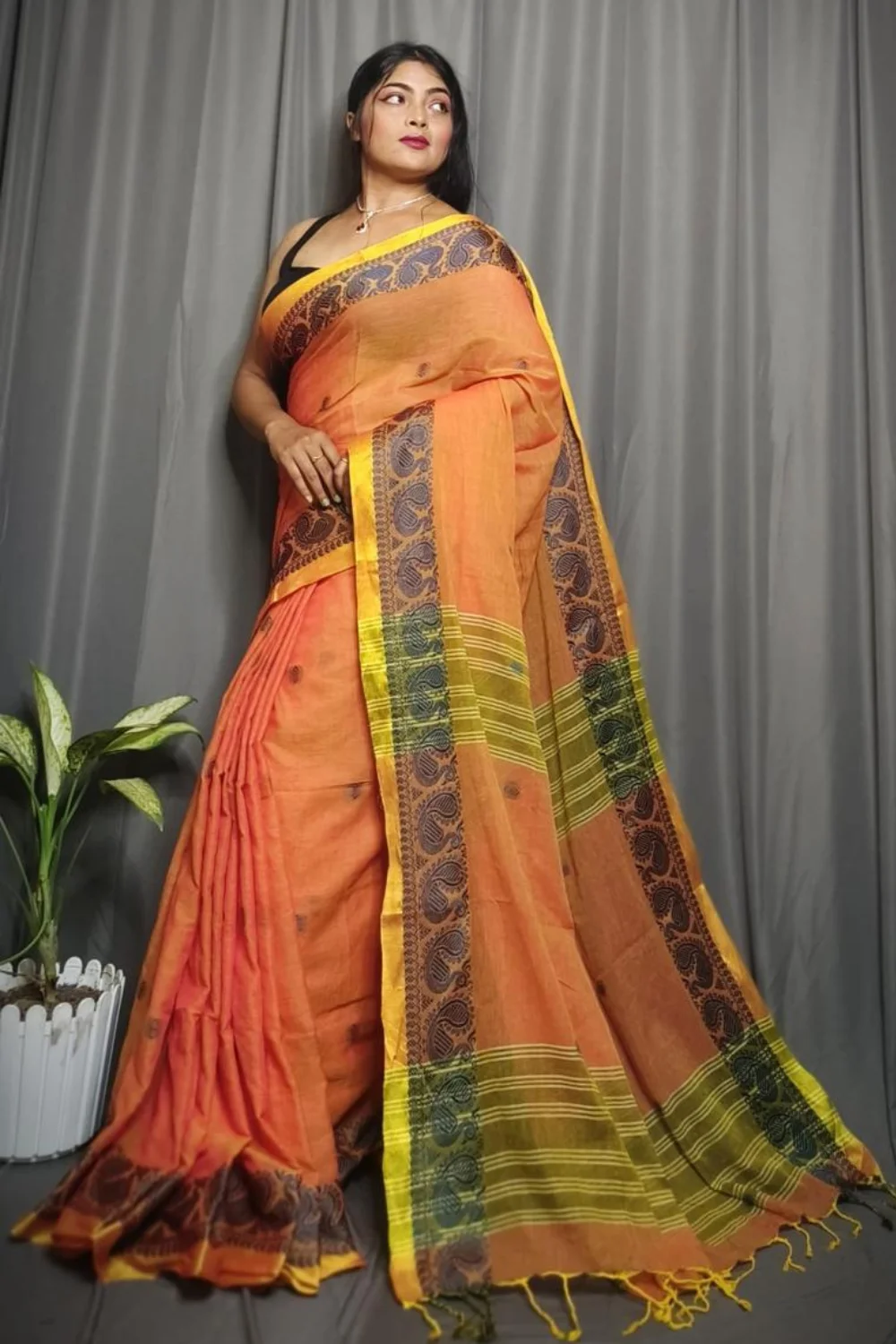 Orange Pure Cotton Kolka Saree