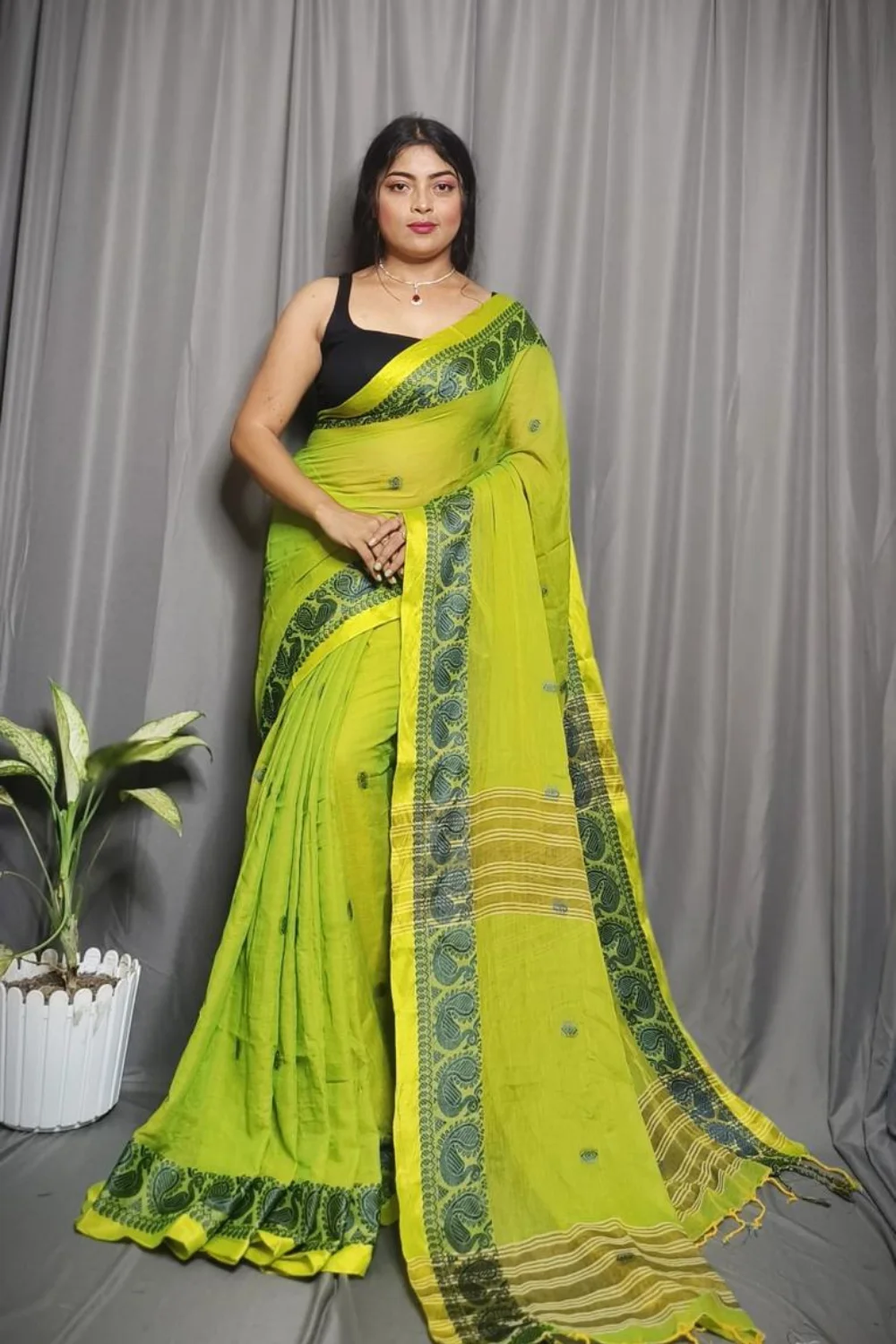 Green Pure Cotton Kolka Saree