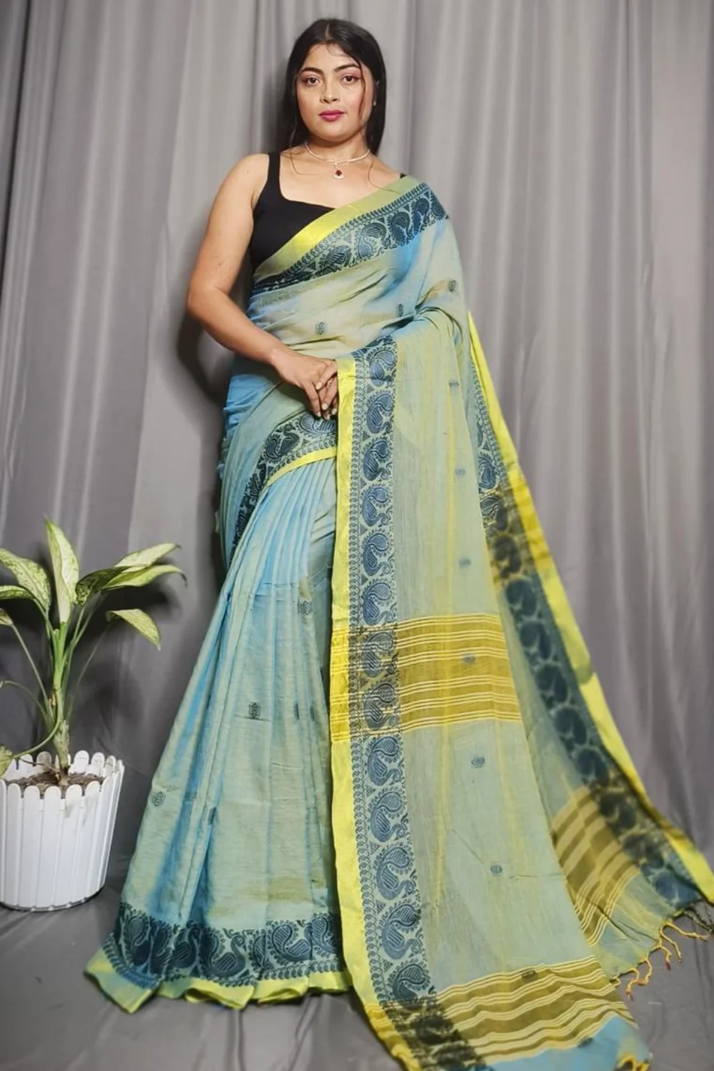 Sky Blue Pure Cotton Kolka Saree