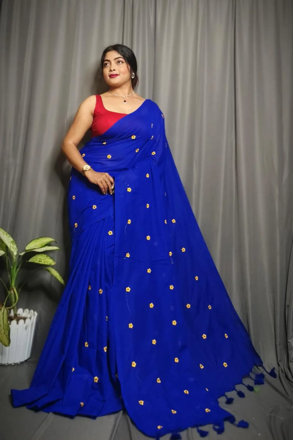 Royal Blue Cotton Saree With Floral Embroidery