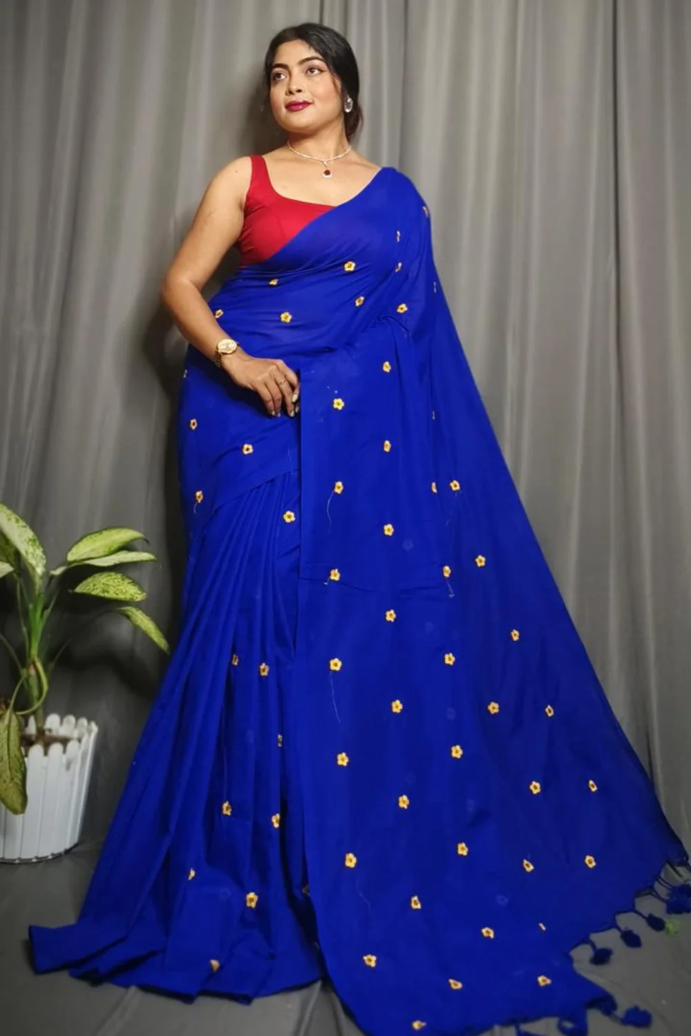 Royal Blue Cotton Saree With Floral Embroidery