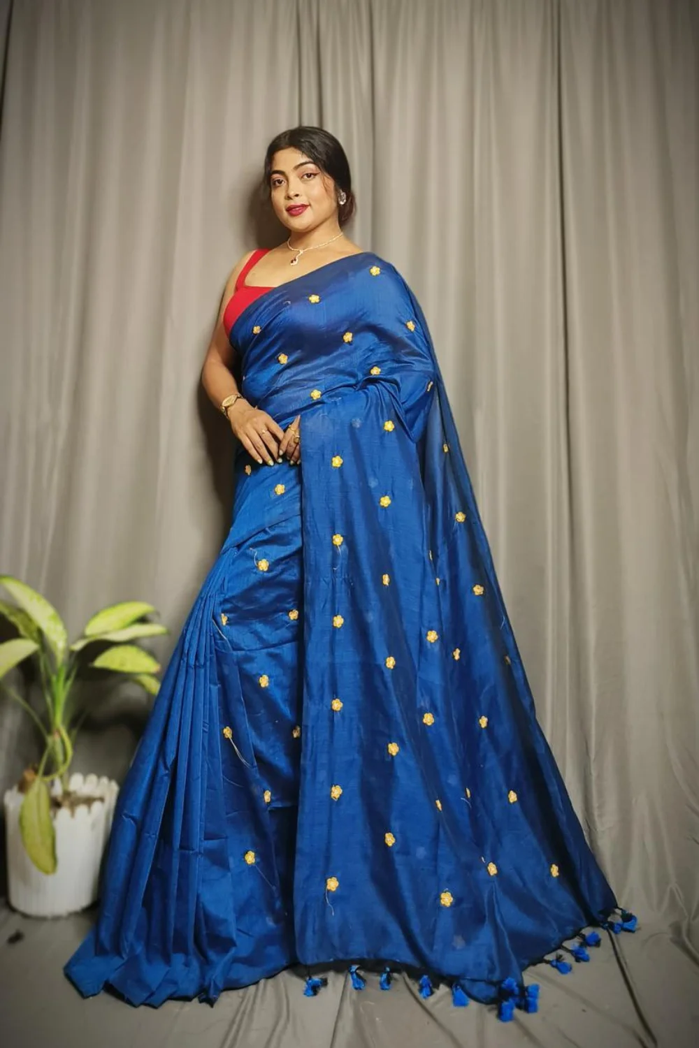 Bright Blue Cotton Saree With Floral Embroidery