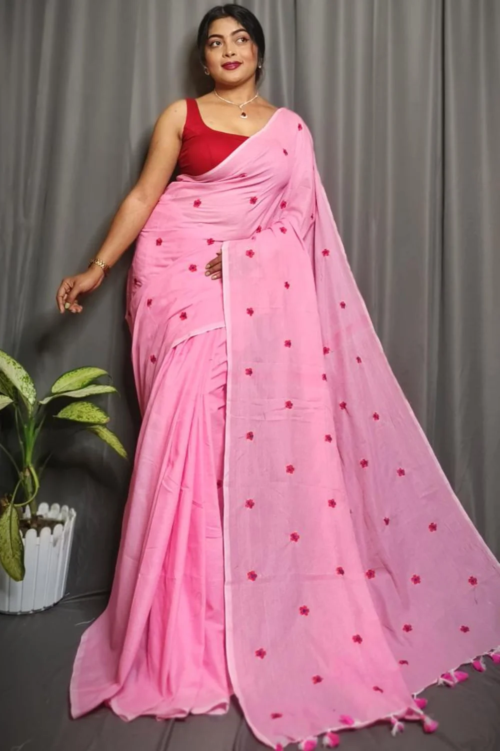 Pink Cotton Saree With Floral Embroidery