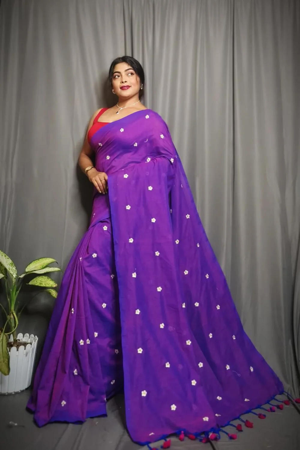 Purple Cotton Saree With Floral Embroidery