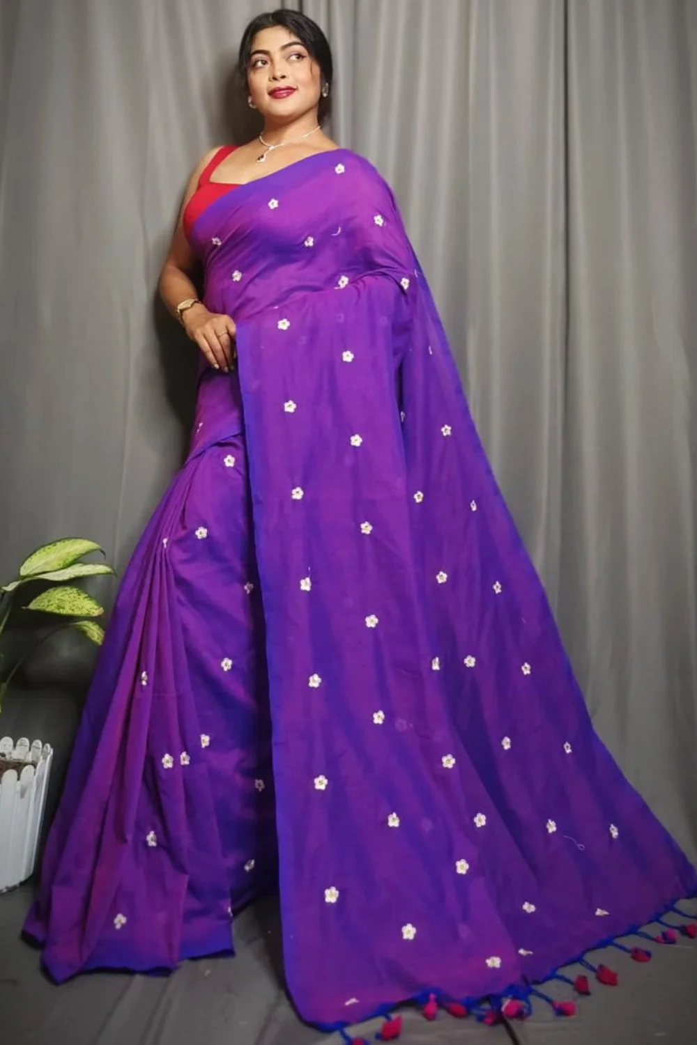 Purple Cotton Saree With Floral Embroidery