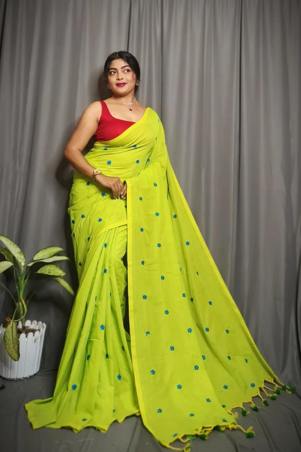 Lime Green Cotton Saree With Floral Embroidery