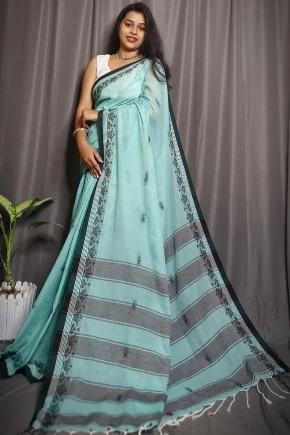 Gentle Sky Blue Pure Cotton Saree