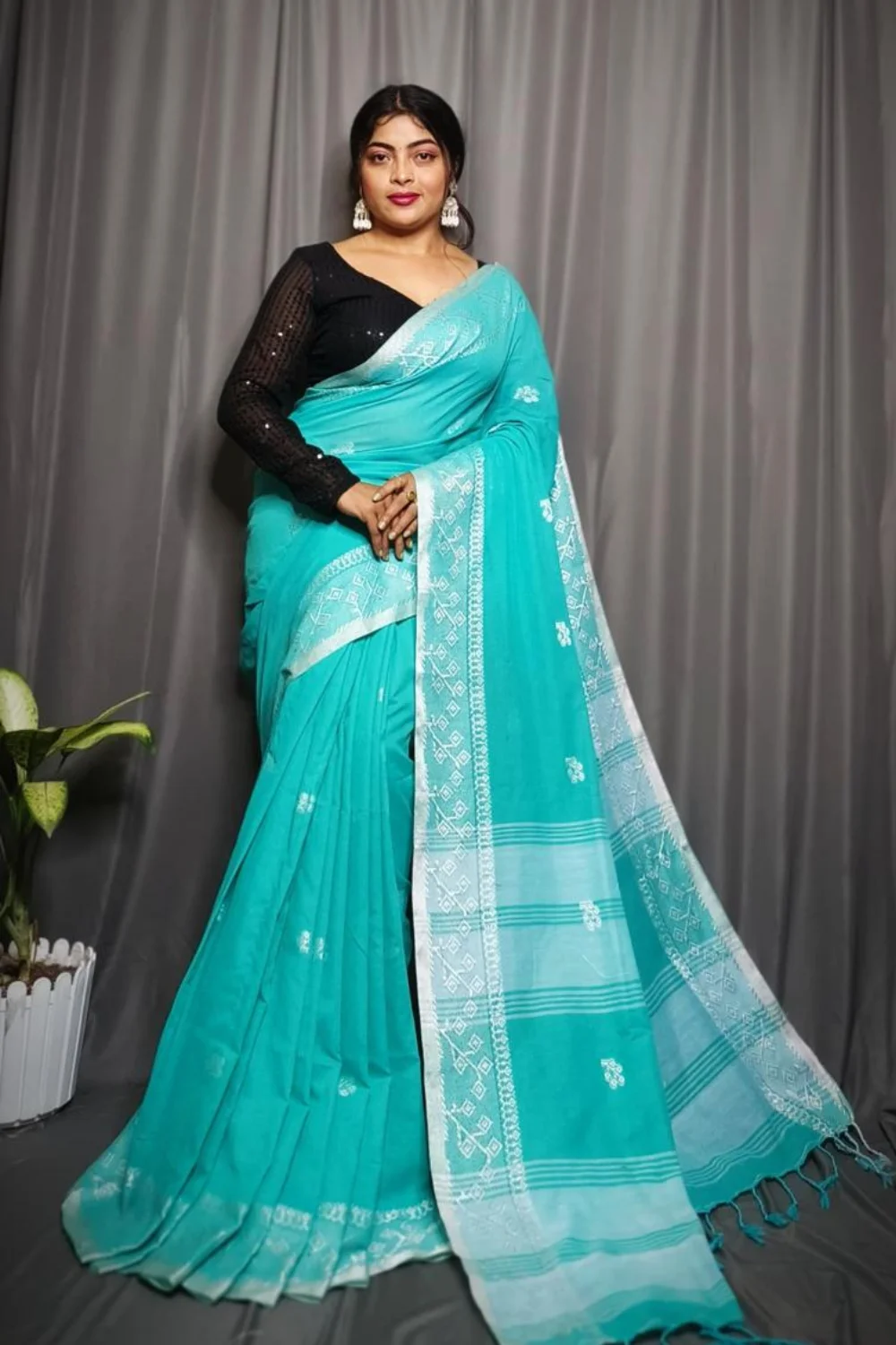 Cyan Cotton Rimzim Saree