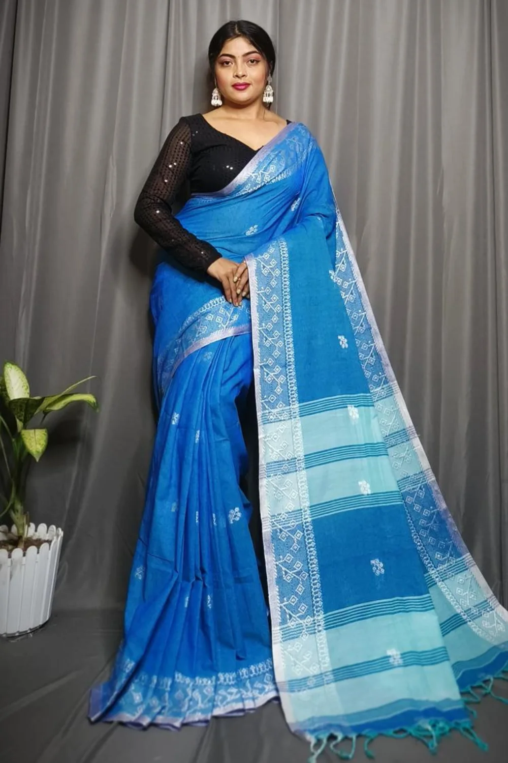 Blue Cotton Rimzim Saree