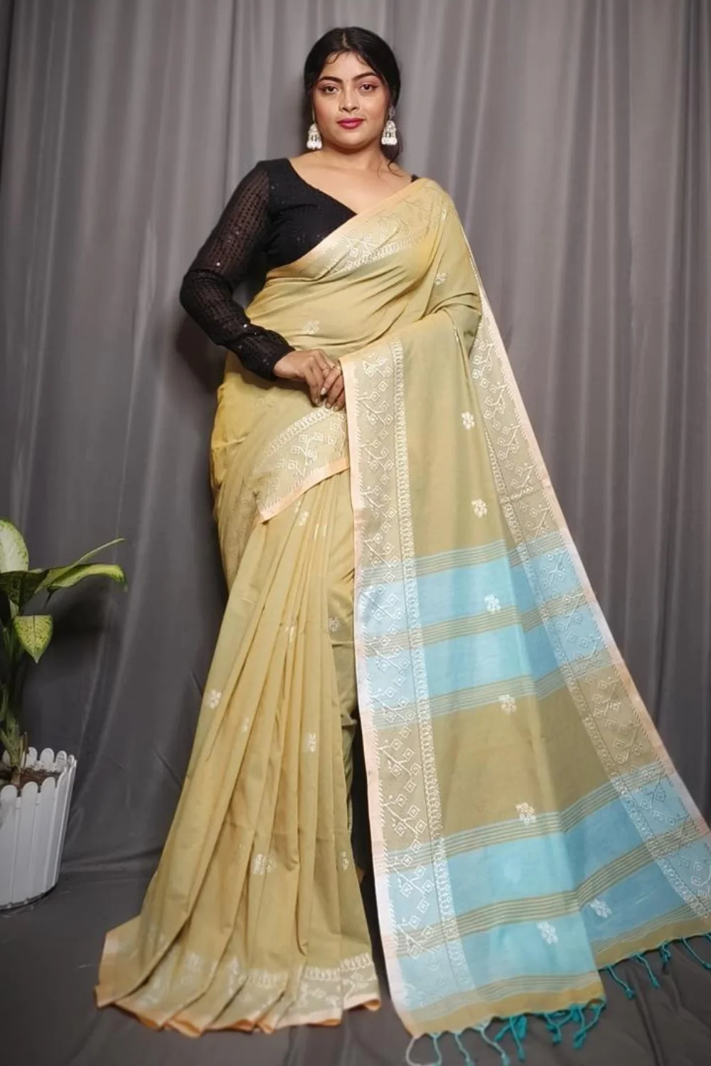 Beige Cotton Rimzim Saree