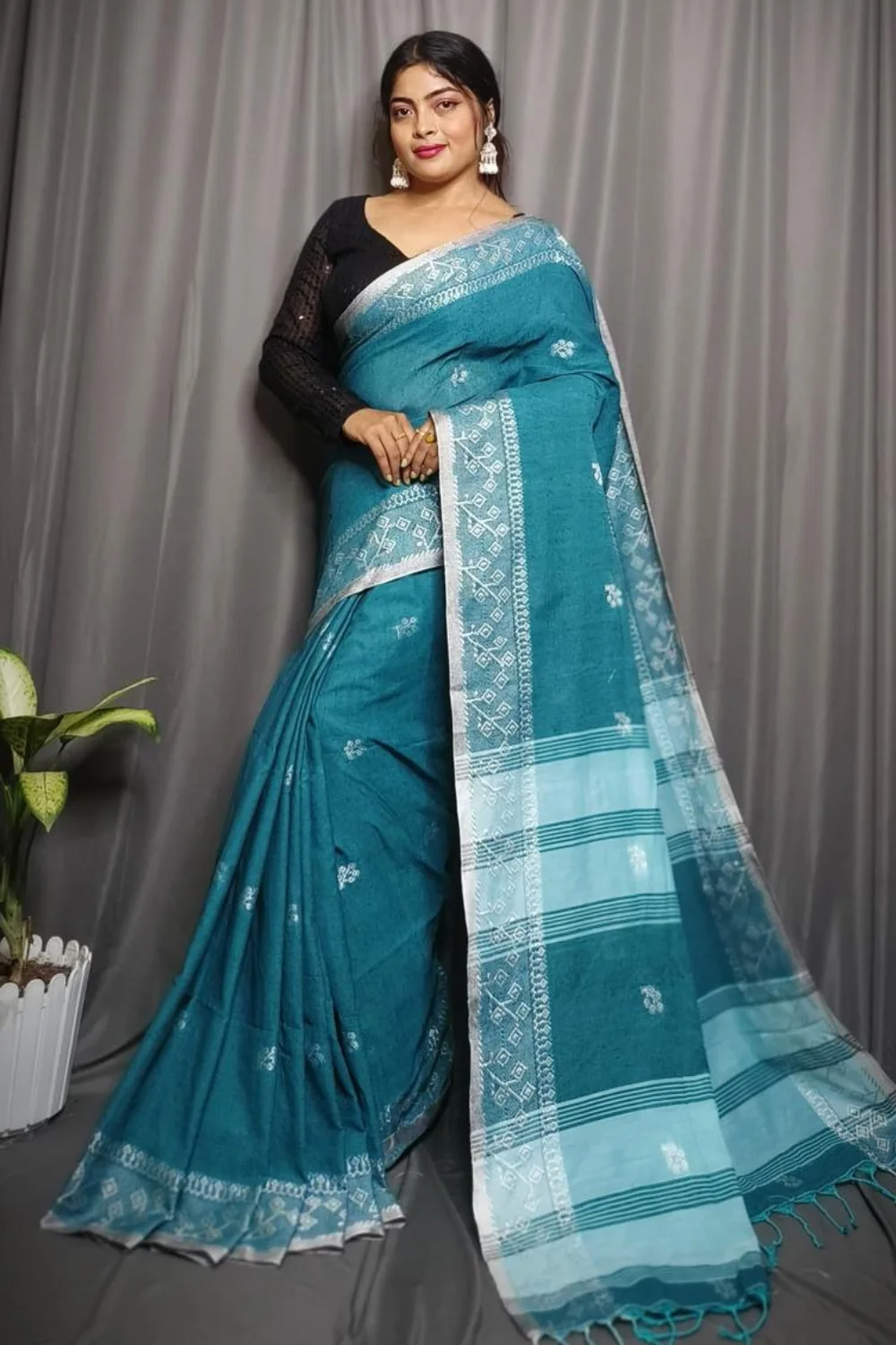 Teal Blue Cotton Rimzim Saree