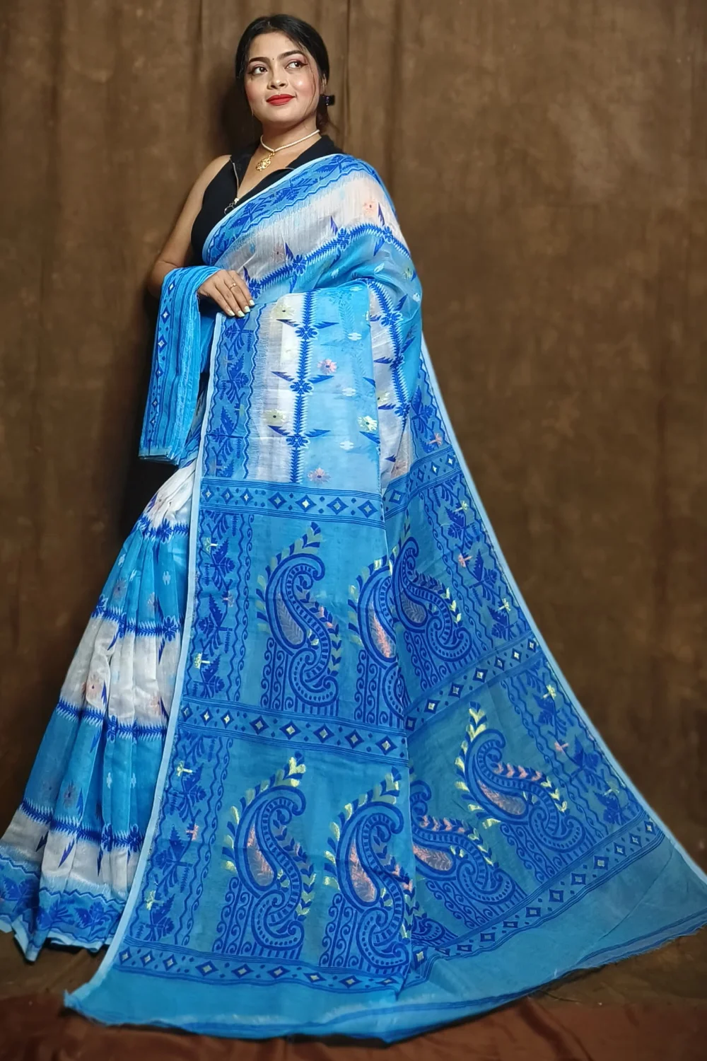 Elegant White & Blue Dhakai Jamdani Saree