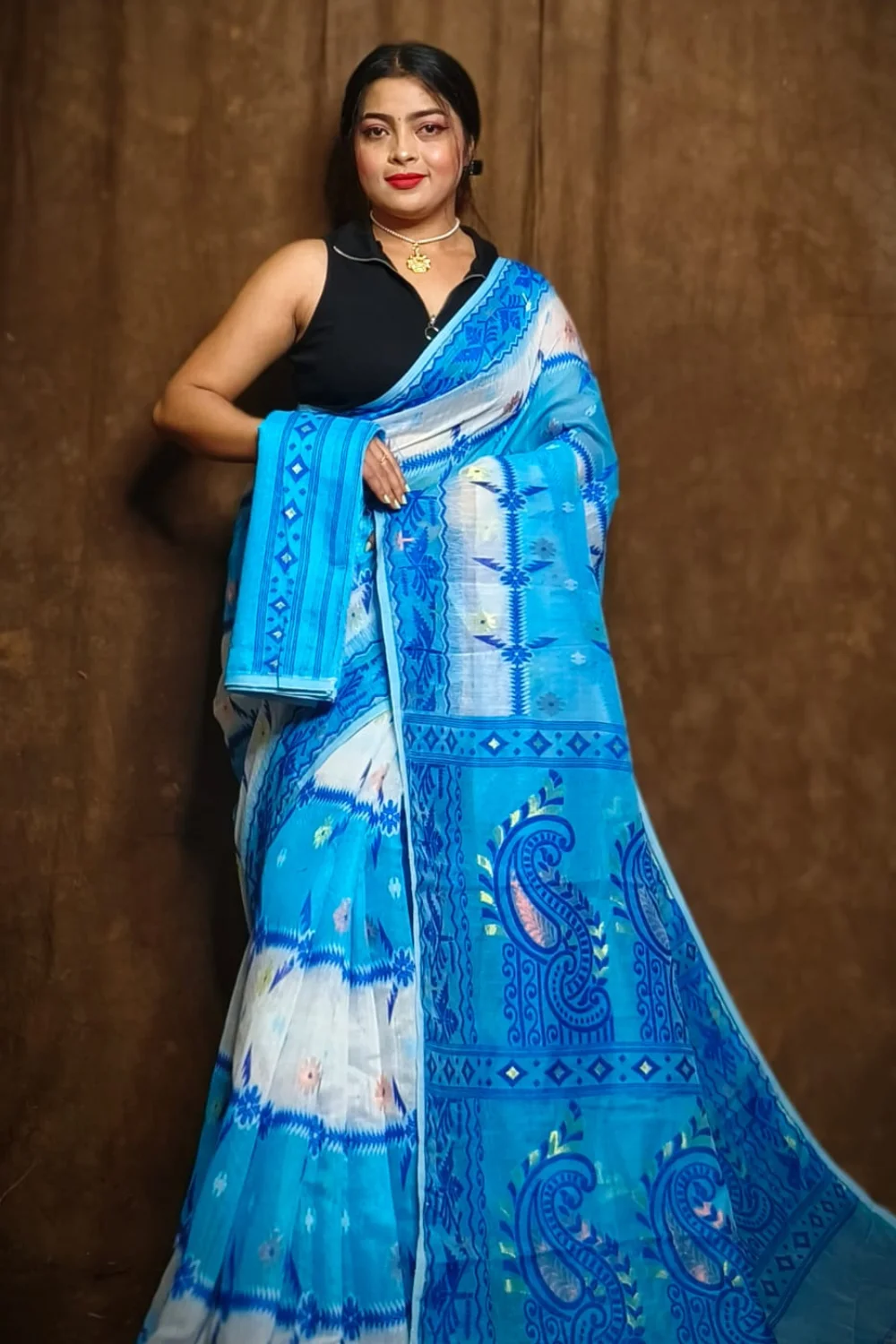 Elegant White & Blue Dhakai Jamdani Saree