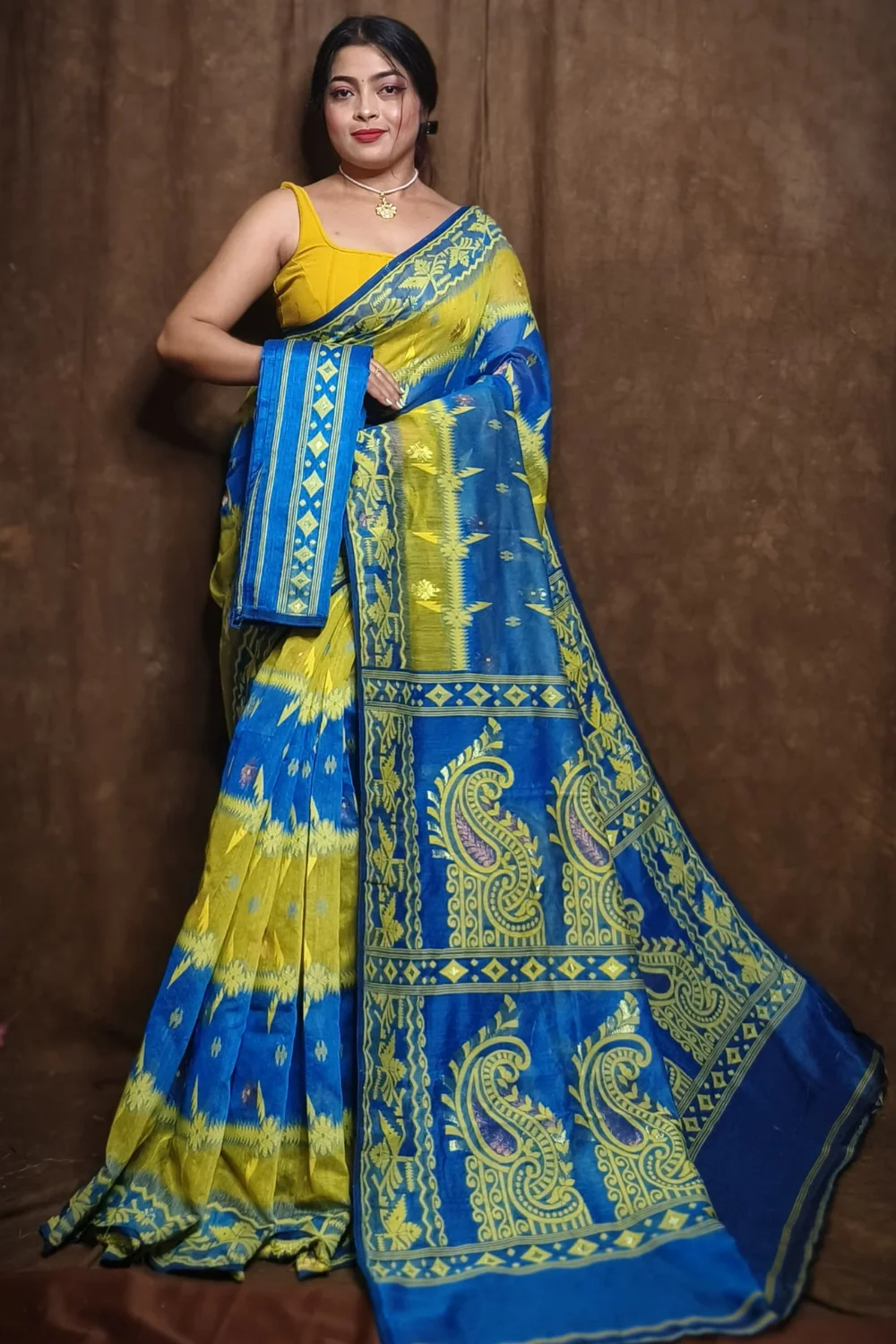 Yellow And Blue Dhakai Jamdani Saree