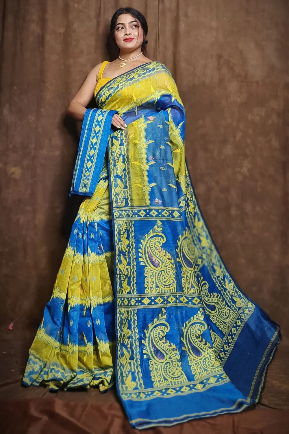 Yellow And Blue Dhakai Jamdani Saree