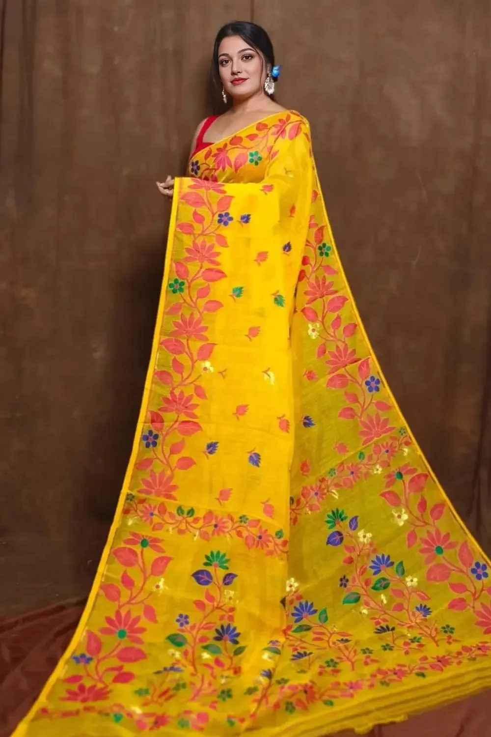 Yellow Dhakai Jamdani Saree with Lota Motifs