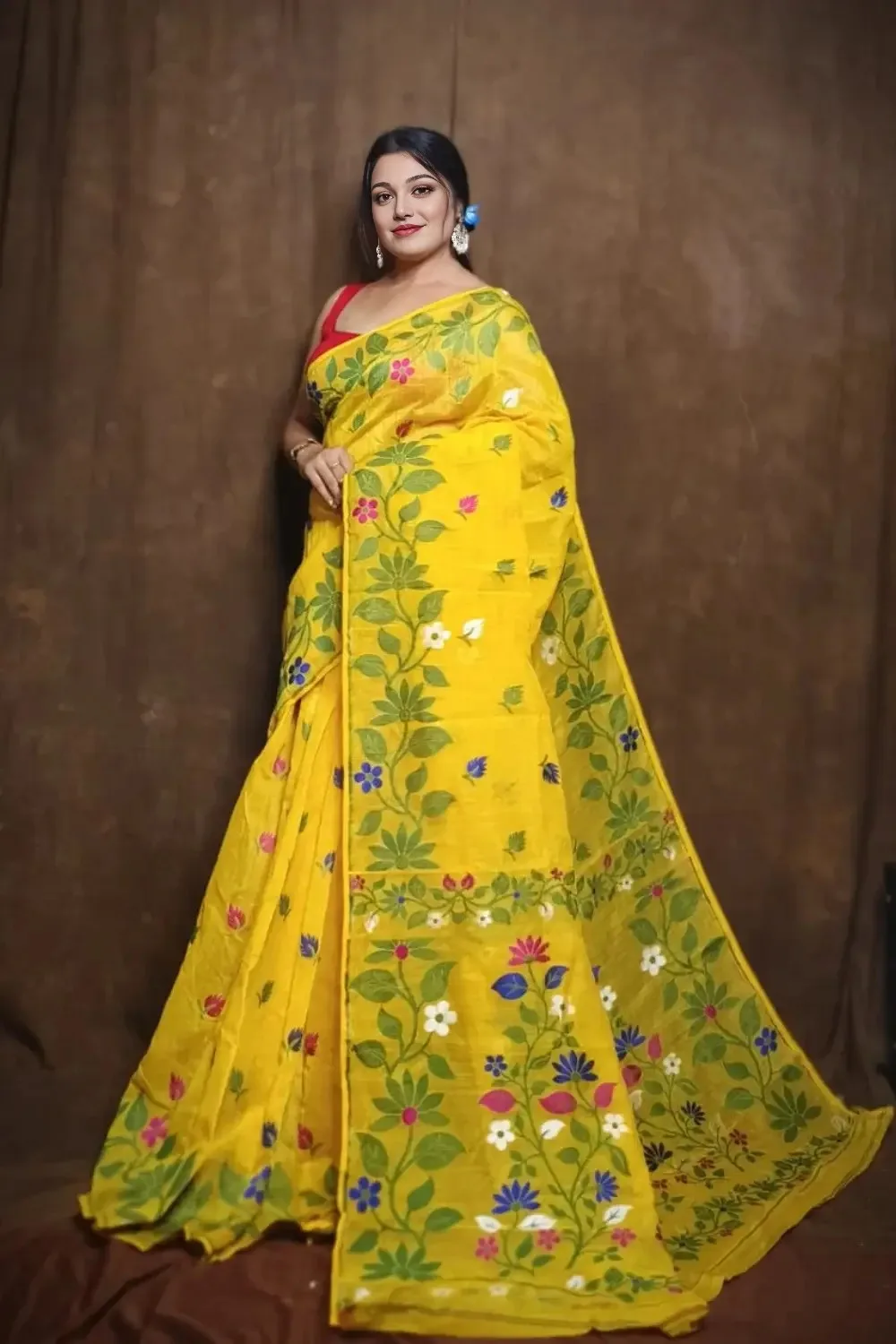 Yellow Dhakai Jamdani Saree With Green Lota Motifs