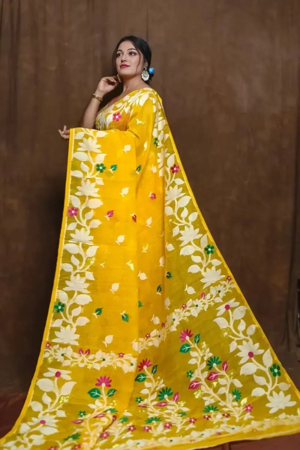 Yellow Dhakai Jamdani Saree With White Lota Motifs