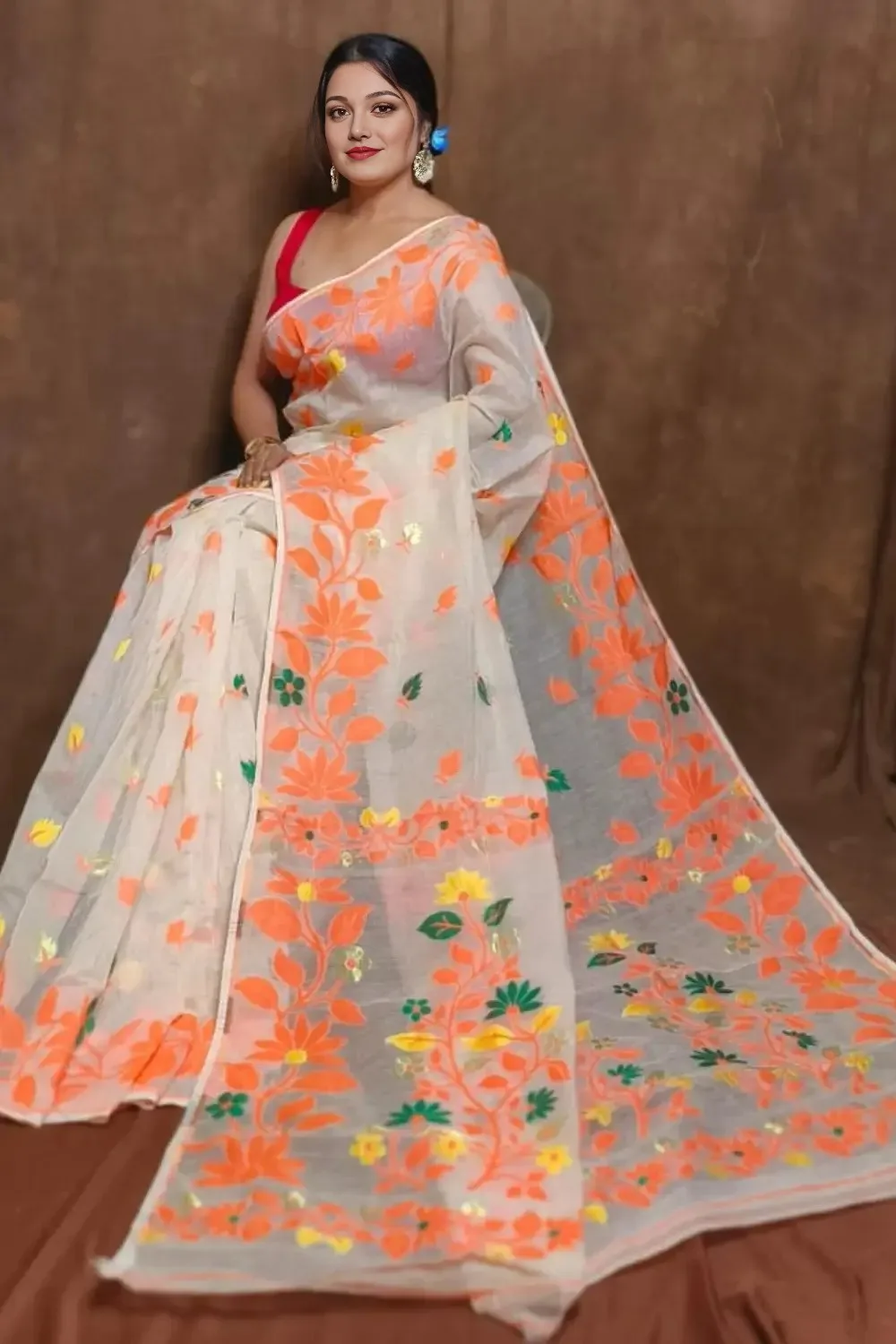 White Dhakai Jamdani Saree With Orange Lota Motifs
